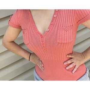 Vintage Y2K Bebe M Glitter stretch ribbed Henley blouse fitted sweater top